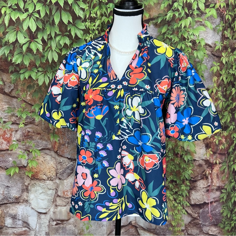 THML Bright Blue Botanical Print Puff Sleeve Resortwear Blouse, S - Picture 2 of 11